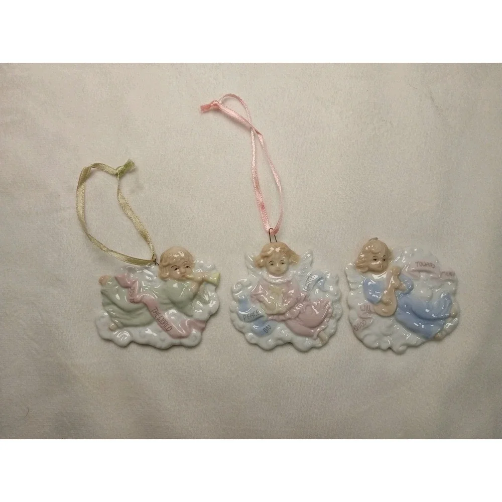 1996 Vintage H.O.L. 3 Ceramic Angel Ornaments Joy To The World Peace On Earth‎